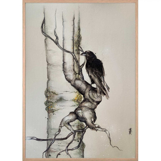 Maleri med ravn på et birketræ kunstner Rikke Darling