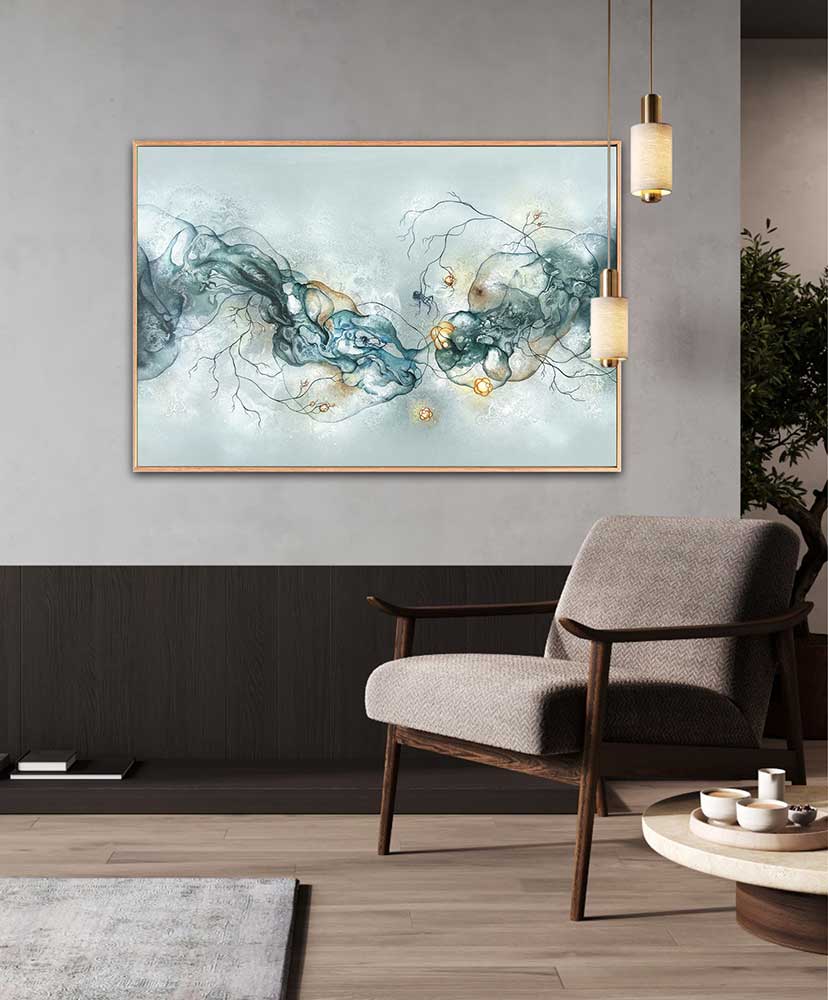 Stort Maleri i Stue af Kunstner Rikke Darling