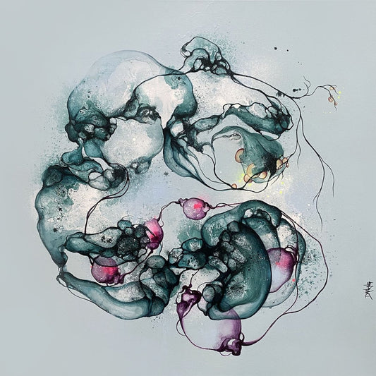 Abstrakt maleri til salg. Moderne malerier af kunstner Rikke Darling. Blåt maleri