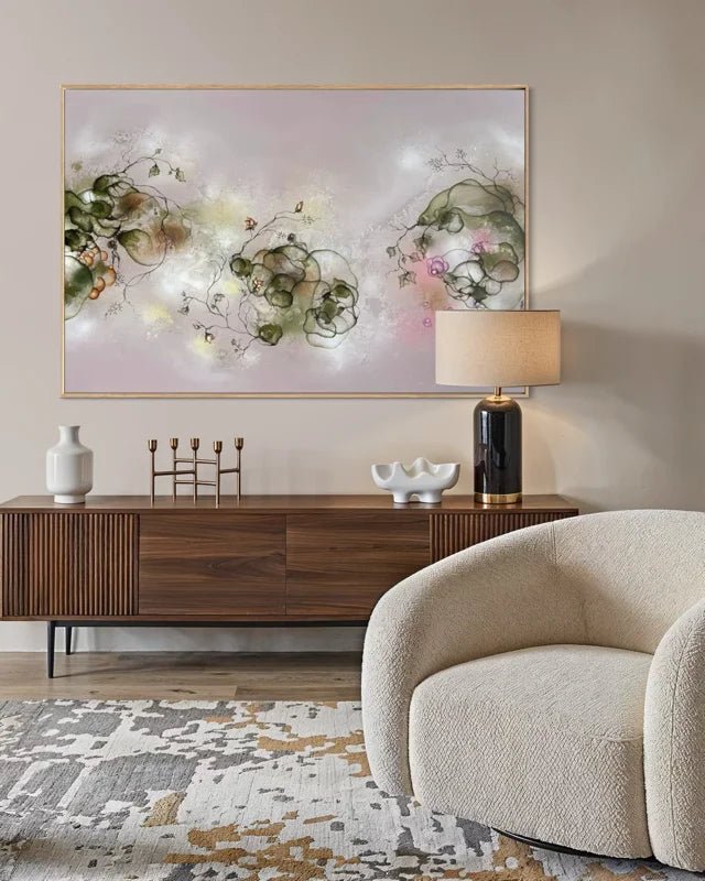 Lyst lavendel abstrakt maleri "A sparkling life" 100x150 cm i egetræsramme til salg af dansk kunstner Rikke Darling