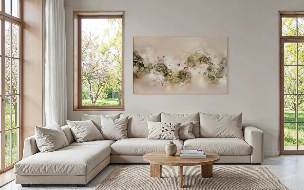 Abstrakt naturmaleri med mosgrønne planter og sommerstemning 110x180 cm i nordisk indretning – Rikke Darling