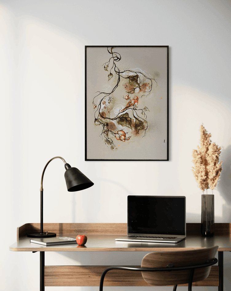 Kunst på hjemmekontoret. Maleri over skrivebord i træ