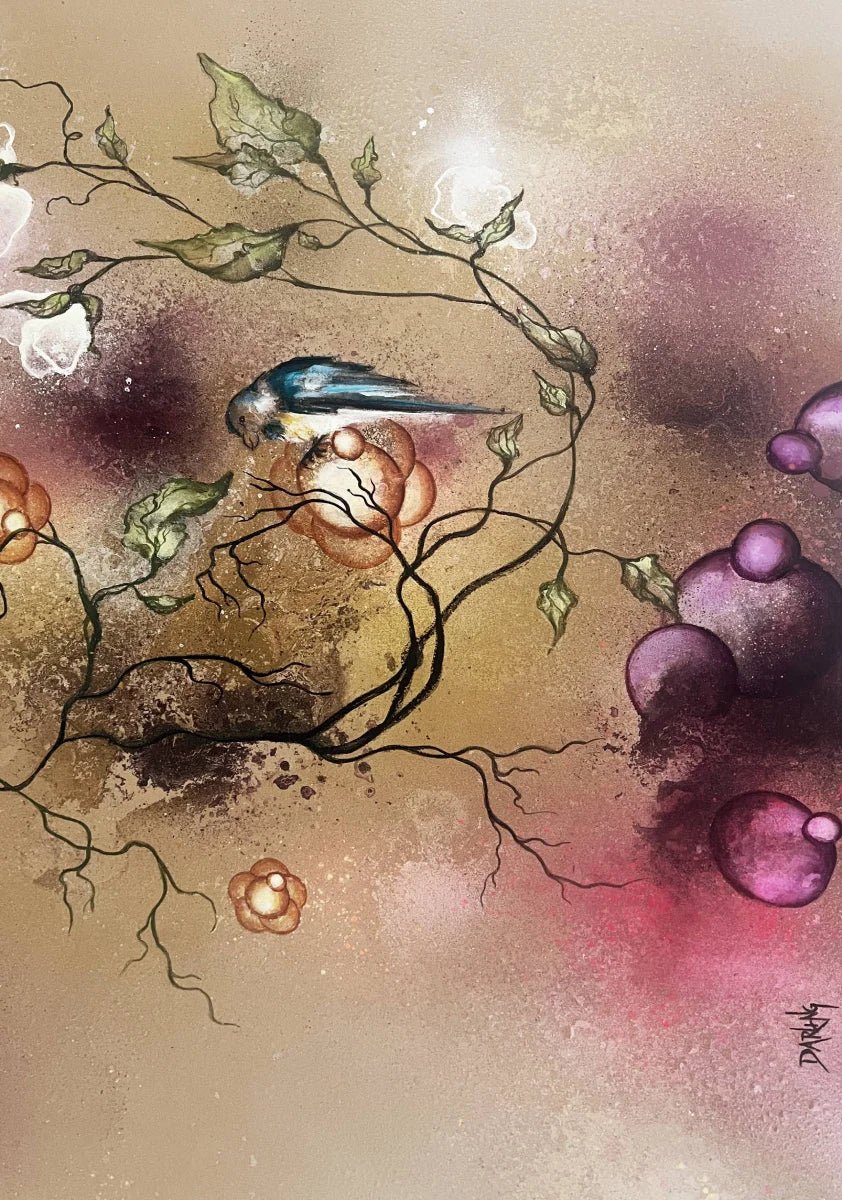 Detalje af abstrakt maleri "A bird's life" – store hvide blomster mod varm brun baggrund af Rikke Darling
