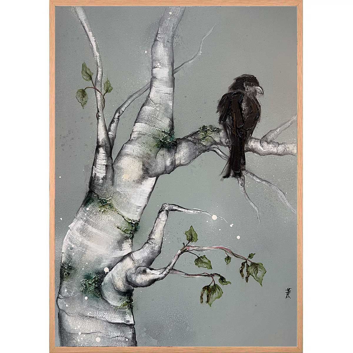 Maleri med et birketræ og ravn. Fuglemaleri Rikke Darling