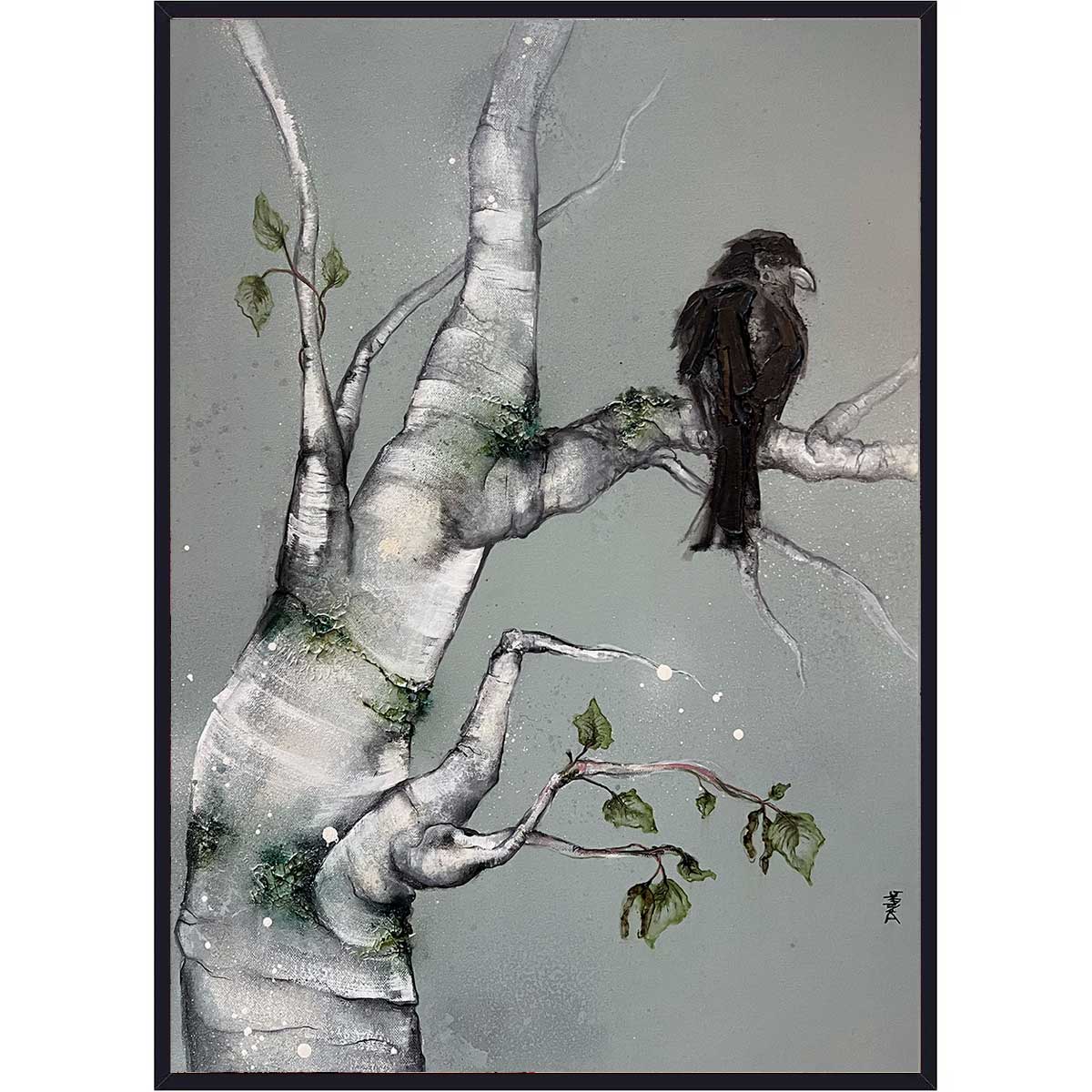 Maleri med et birketræ og ravn. Fuglemaleri Rikke Darling