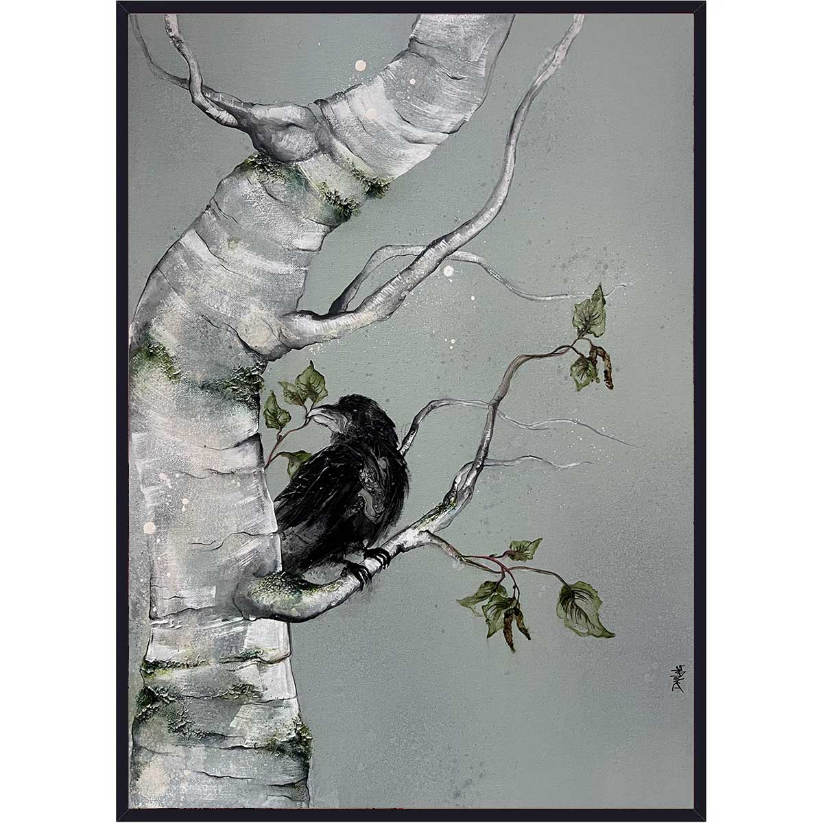 Maleri med et birketræ og ravn. Fuglemaleri Rikke Darling