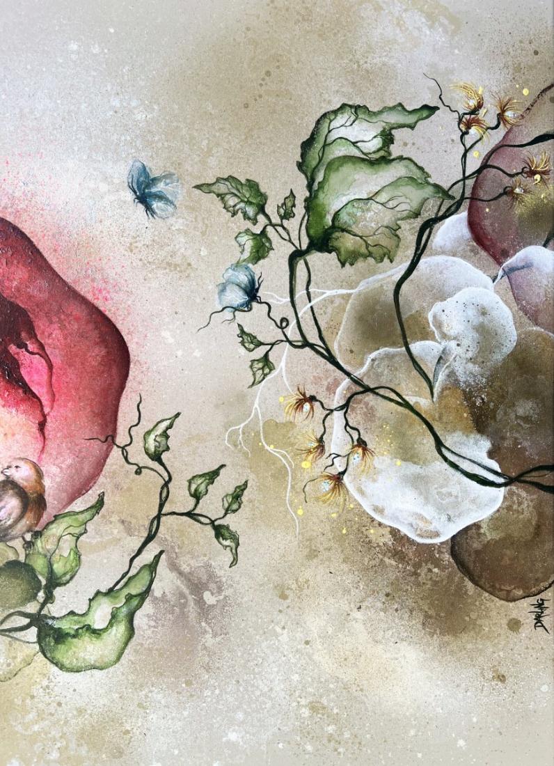 Maleri med en stemning af efterår. Maleriet er malet i abstrakt stil med botaniske detaljer som blade og blomster og to små fugle.  Maleriet er 70x140 cm.