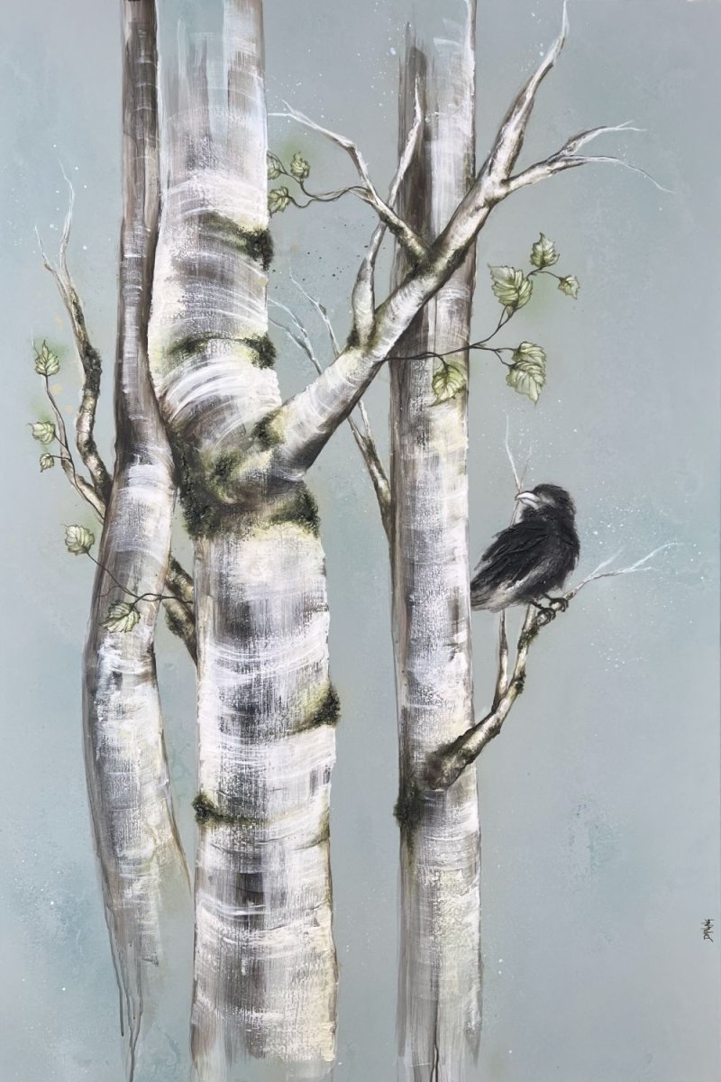 Nordisk abstrakt maleri "Raven" 100x150 cm til salg – ravn i birketræ mod kølig blå himmel af dansk kunstner Rikke Darling