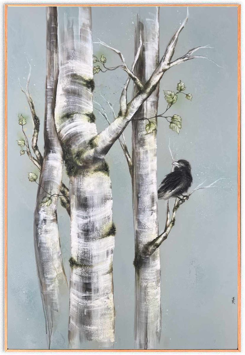 Nordisk abstrakt maleri "Raven" 100x150 cm i egetræsramme til salg af dansk kunstner Rikke Darling