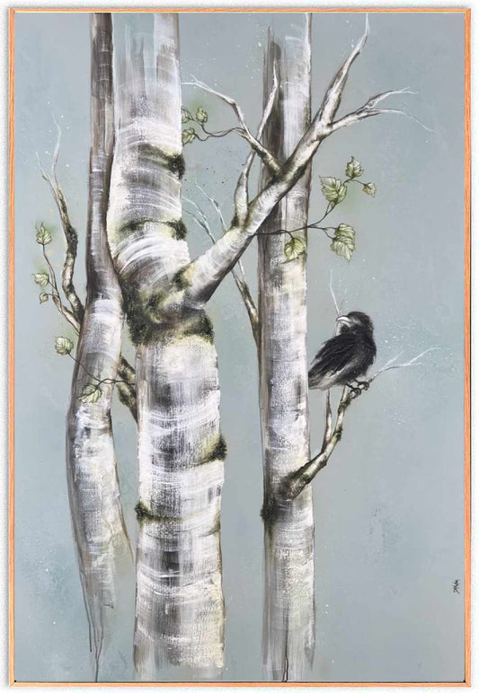 Nordisk abstrakt maleri "Raven" 100x150 cm i egetræsramme til salg af dansk kunstner Rikke Darling