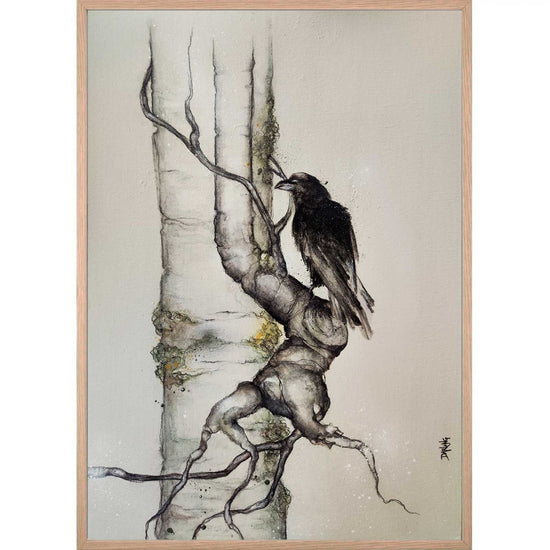 Maleri med ravn på et birketræ kunstner Rikke Darling