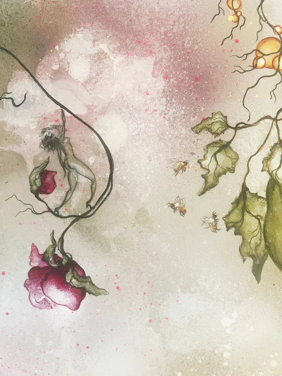 Detalje af abstrakt maleri "Summertime" – store lyserøde blomster, bier og botaniske elementer af Rikke Darling