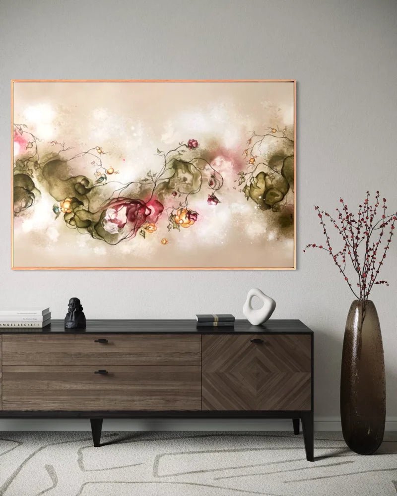 Abstrakt maleri med lyserøde blomster og sommerstemning 100x150 cm i nordisk indretning af Rikke Darling