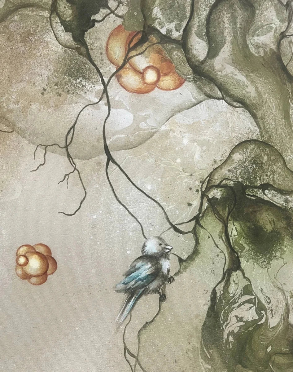 Detalje af abstrakt naturmaleri "Toward the horizon" – mosgrønne planter, blomster og bier af Rikke Darling