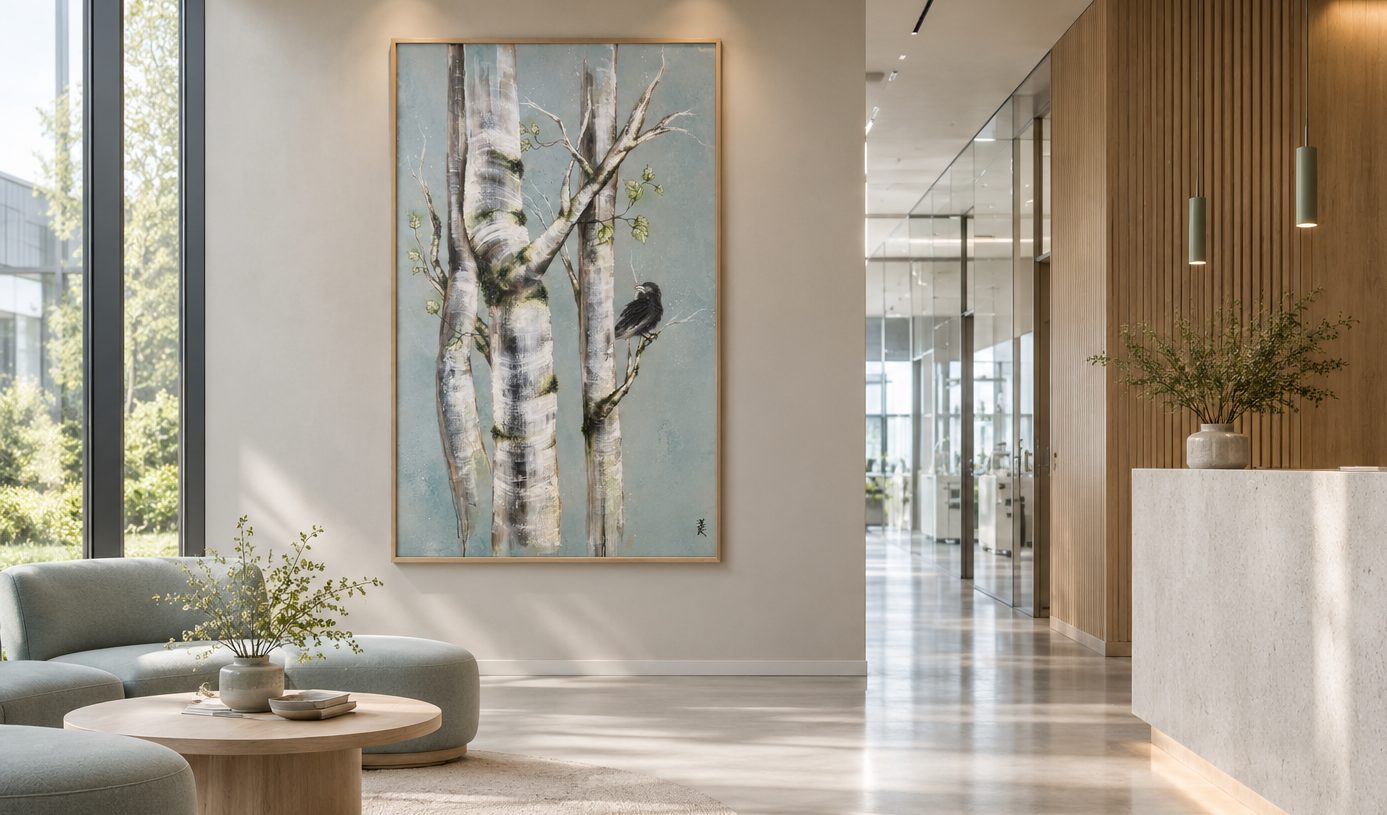 Stort maleri i biotek virksomhed i receptionen. Kunstner Rikke Darling.