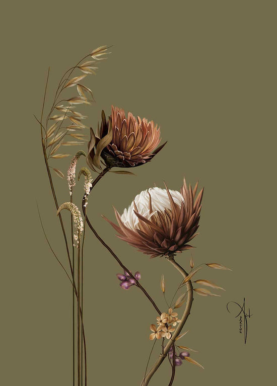 Grøn botanisk plakat med blomster af kunstner Rikke Darling