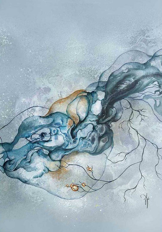 Blå kunstplakat med abstrakt kunst af kunstner Rikke Darling