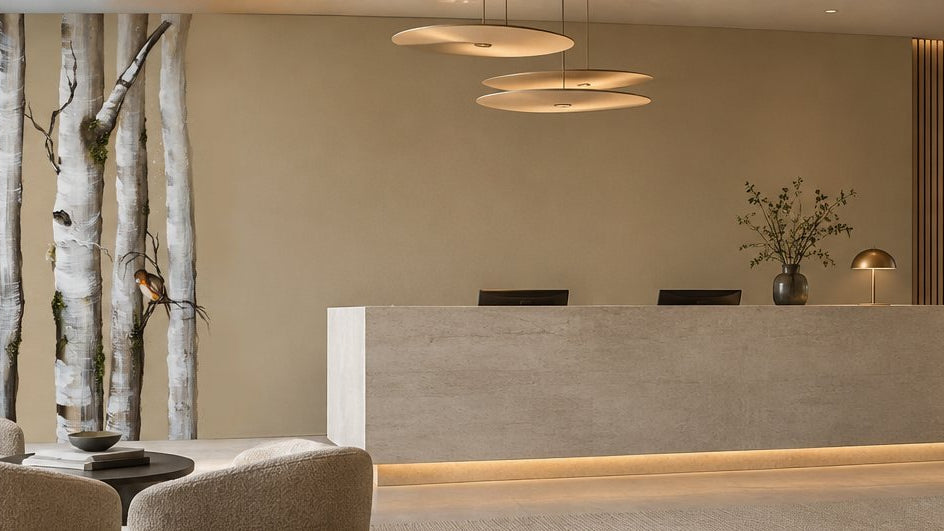Vægmaleri med træer og natur i en moderne reception i en virksomhed