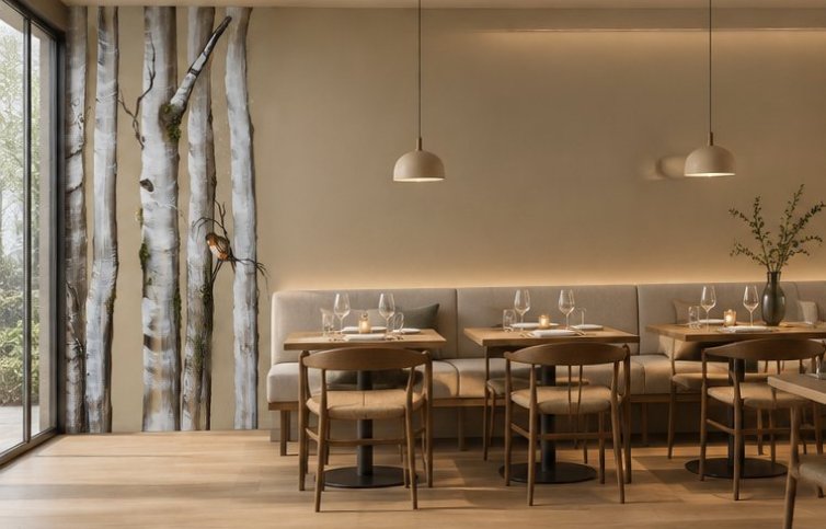 Vægmaleri med træer i moderne restaurant med indretning med natur. Kunstner Rikke Darling