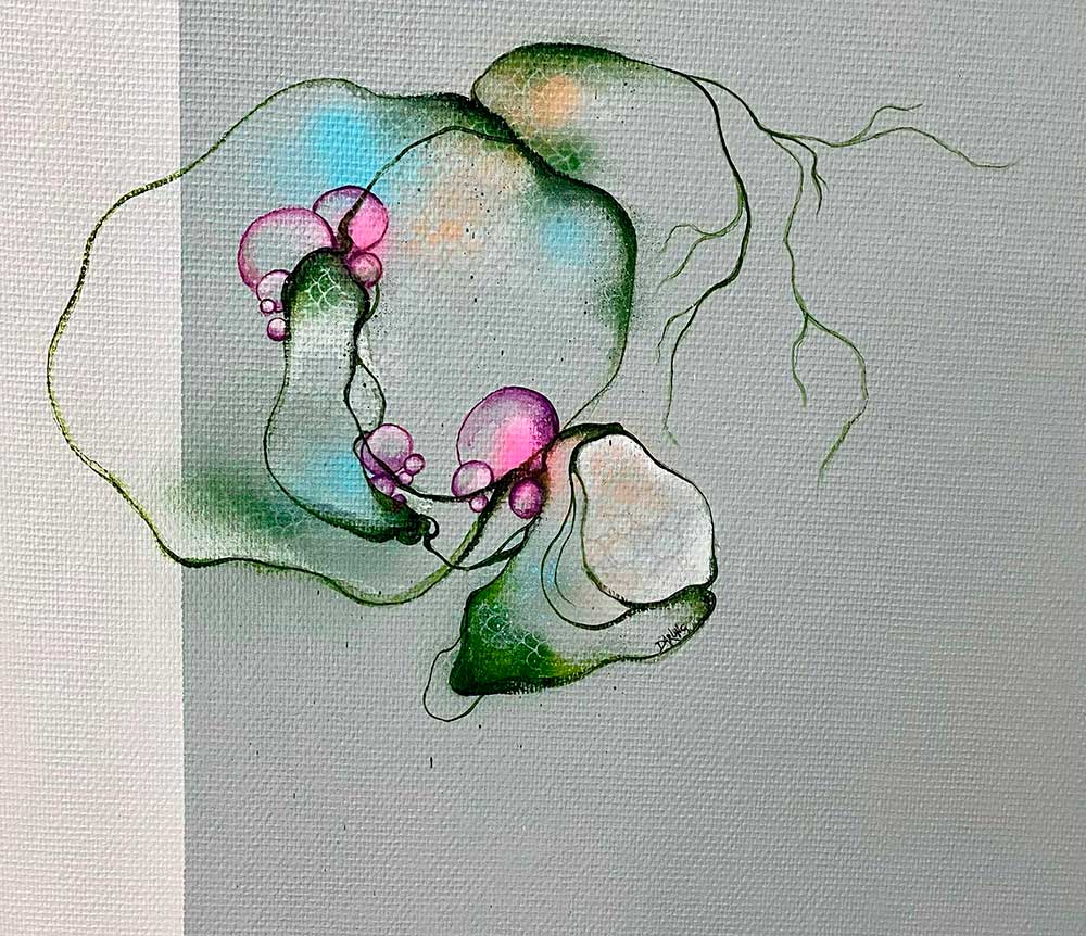 Vægmaleri i abstrakt stil i grøn og pink på Odense hospital psykiatrisk afdeling af kunstner Rikke Darling