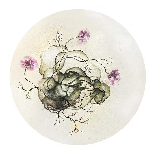 Rundt maleri af kunstner Rikke Darling