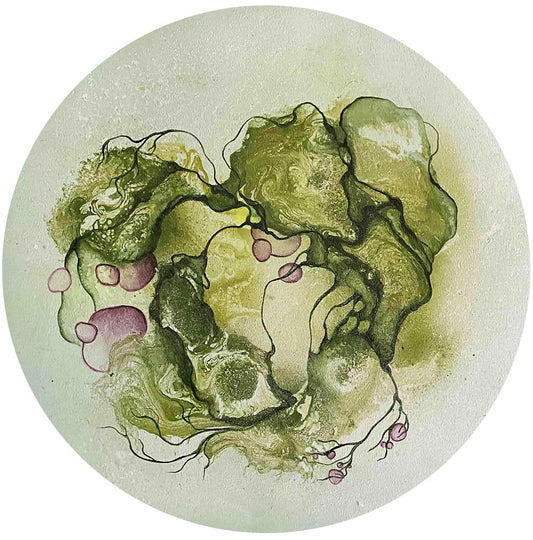 Rundt maleri af kunstner Rikke Darling